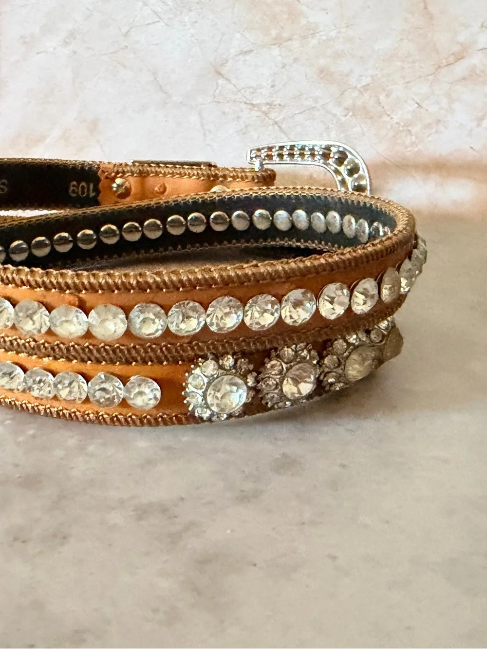 Western Cowgirl Camel Brown Belt Leather Decorated Rhinestones